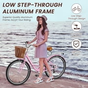 Classic Women Commute Bike with Basket, 24 Shimano 7 Speeds Adult Cruiser Bicycle for Ladies - Hi-Ten Steel Frame - Ideal for Urban Commuting and Beach Rides