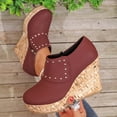 thumbnail image 5 of Women's Wedge Heel Platform Dress Shoes Fashion Studded Faux Leather Slip On Cork Low Top Ankle Boots Red Size 9, 5 of 8