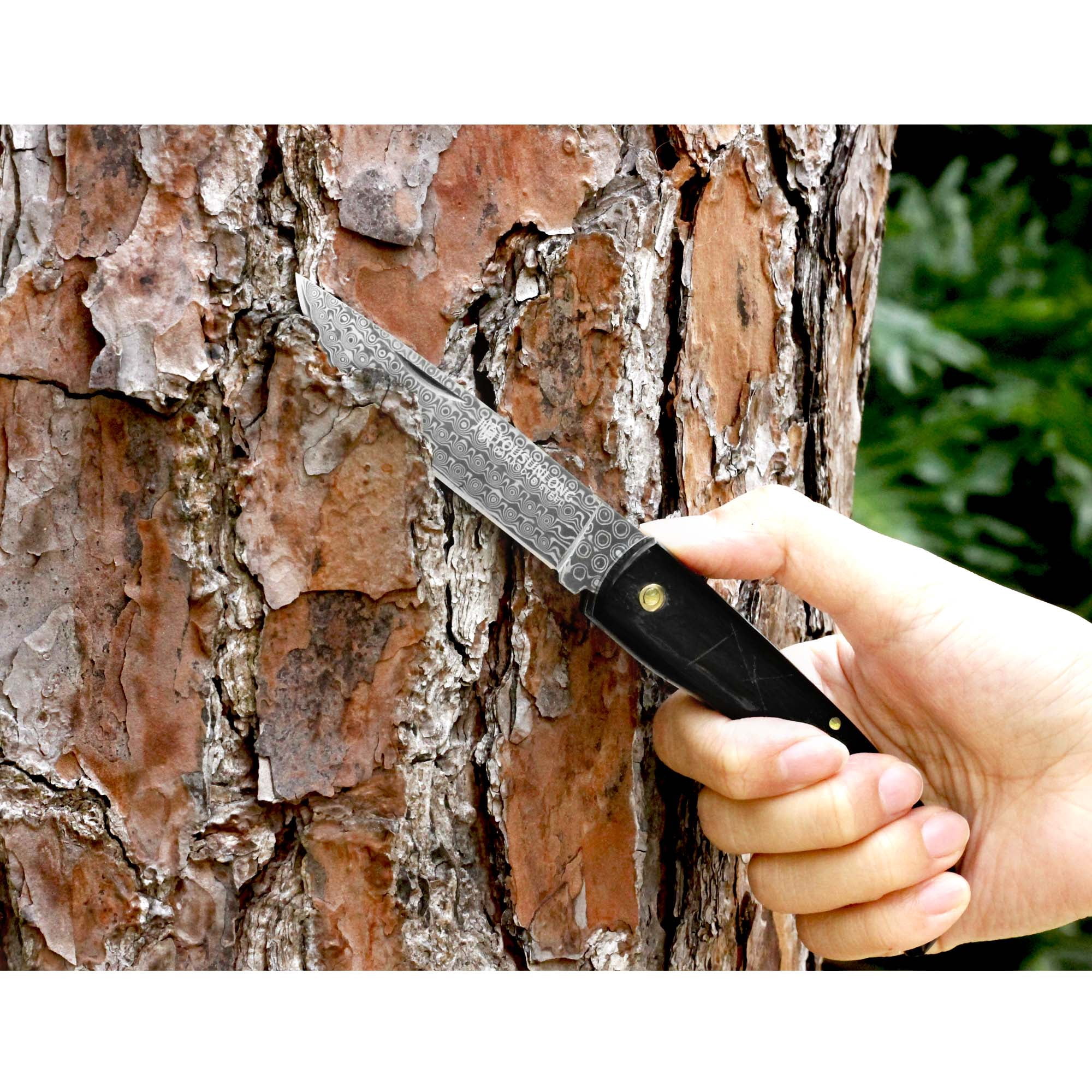 YOUSUNLONG Folding Knife - Pocket Knife Overall 190mm Japanese Damascus Steel Blade Natural Buffalo Horn Handle