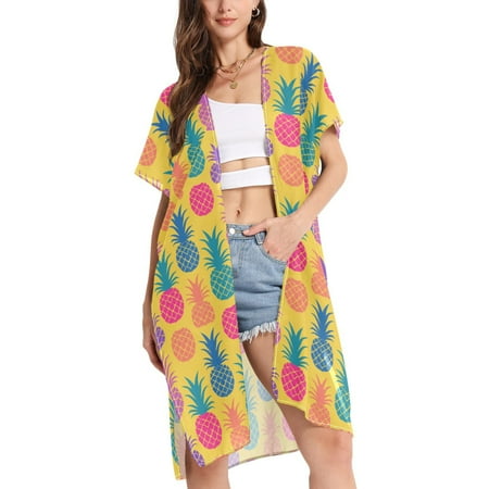 joogoo Women s Pineapple on Yellow Beach Cover Up Kimono Swimsuit Summer Cardigan Swimwear L