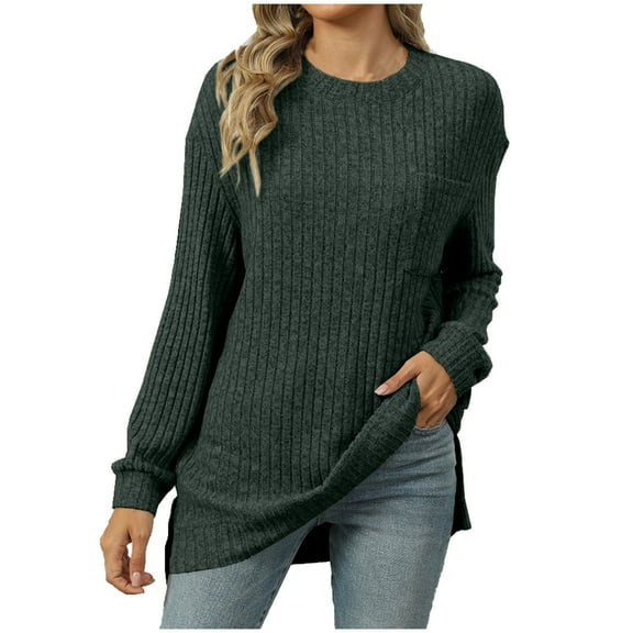 Quinlirra Womens Sweaters Cardigan Women's Casual Solid Round Neck Pocket Hem Slit Loose T-shirt Top