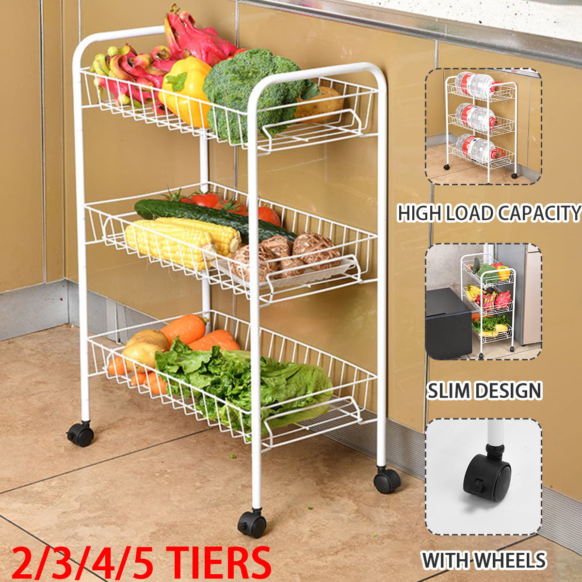 3/4/5 Tier Multifunction Moving Storage Trolley Kitchen Fruit Vegetable Basket 