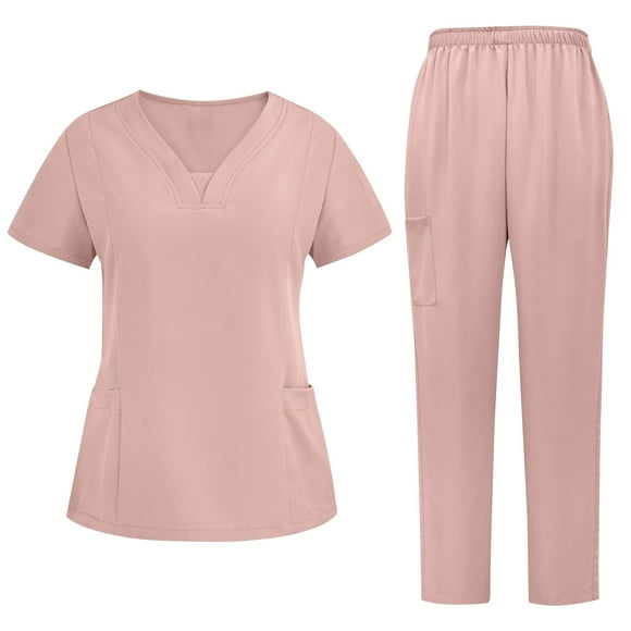 yoeyez Womens Scrub Sets Medium,Ladies Modern V-Neck Top andelastic Waist Pants Medical Scrubs Nursing Set With Pockets Pink