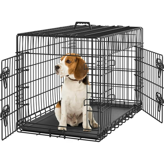 36 inch Double Door Dog Crate w/Divider for Puppy, Collapsible Metal Dog Kennel with Removable Tray, Portable Travel Cage, Black