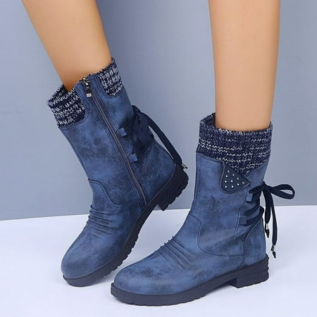 

CALAFEBILA Shoes for Womens Fashion Fall Blue Winter New Woolen Yarn Snow Back Strap Plus Size