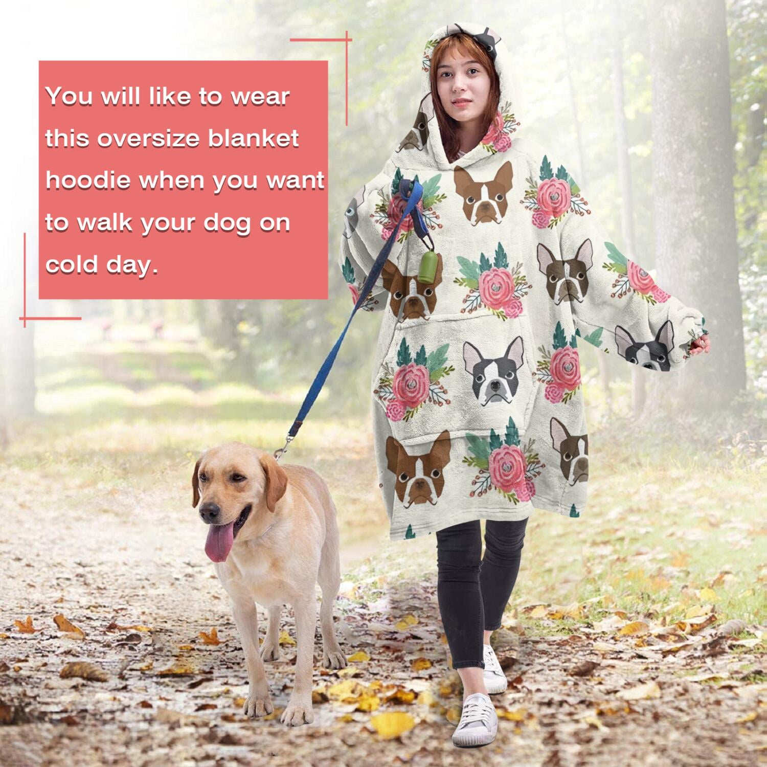 White Boston Terrier and Flower Wearable Oversized Blanket,Wearable Blanket Hoodie for Adults,Cozy Hooded Blankets with Super Pockets,Super Warm Fuzzy Pullover for Women & Men
