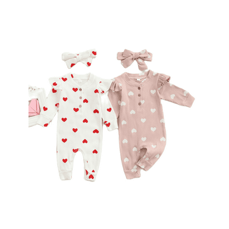 

2Pcs Infant Outfits Baby Girls Clothes Set Spring Newborn Heart Print Long Sleeve Rompers Ruffles Jumpsuit+Bowknot Headband 0-18M