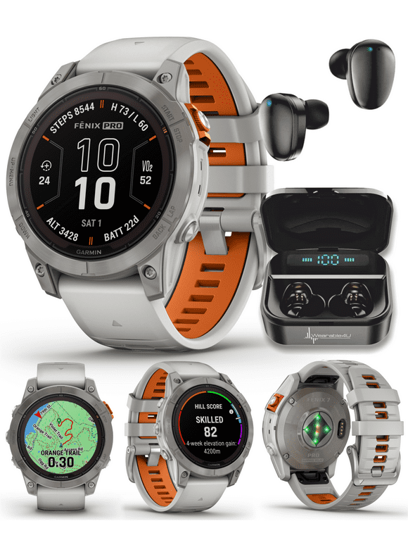Garmin fenix 7 Pro Solar Sapphire Multisport GPS 47 mm Smartwatch, Titanium, Fog Gray/Ember Orange with Wearable4U Black EarBuds Bundle