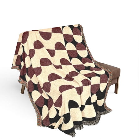 Retro Geometric Wave Black Burgundy and Cream Woven Throw Blanket 100% Cotton Abstract Home Decor