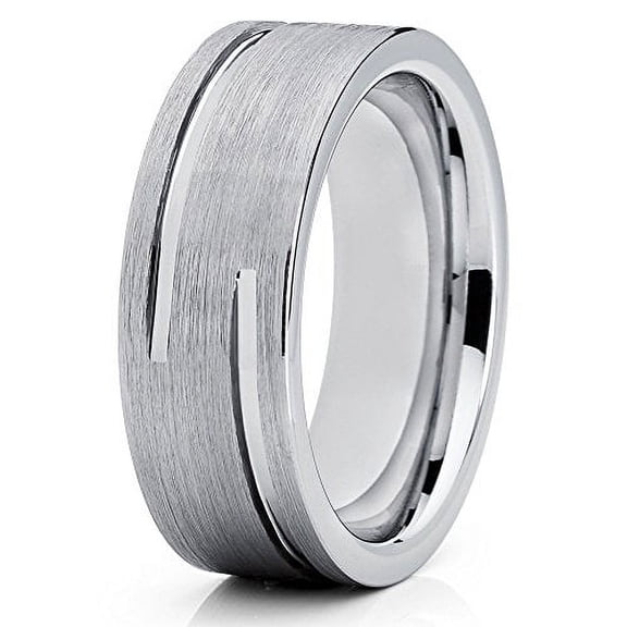 8mm Silver Tungsten Carbide Ring Double Groove Brushed Finish Unique Wedding Band (6)