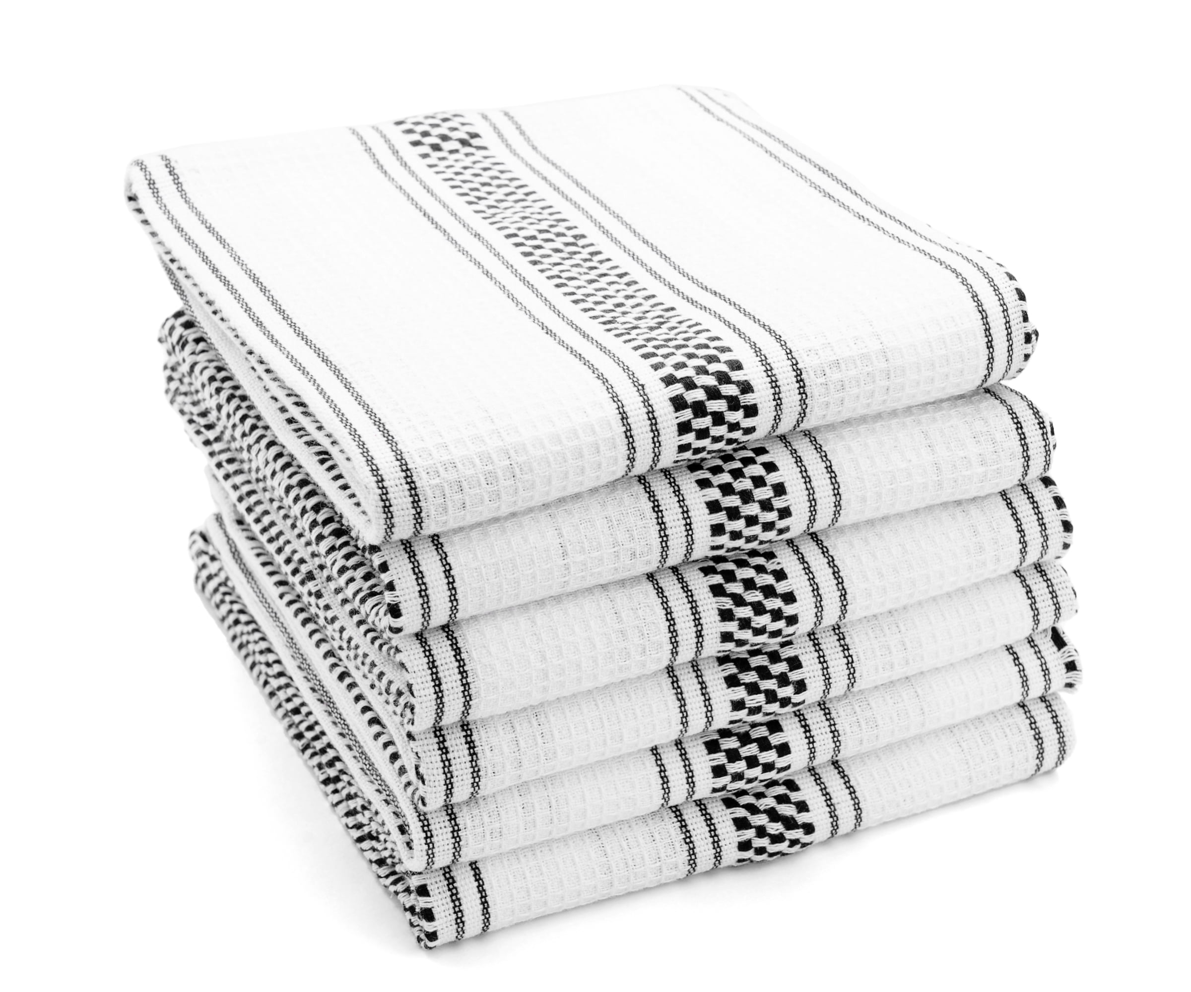 15 x 26 Bleach Safe Square Design Kitchen Towel - 6 Piece Black and White Set. 100% Cotton Made, Super Absorbent & 30% Thicker Than Economy Towel.
