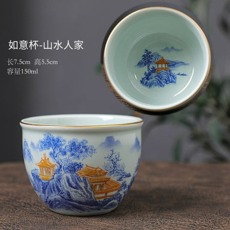 

Blue and White Porcelain Glazed Red Water Antique Longevity Peach Landscape Master Ceramic Kung Fu Large Tea Cup Single Jianzhan