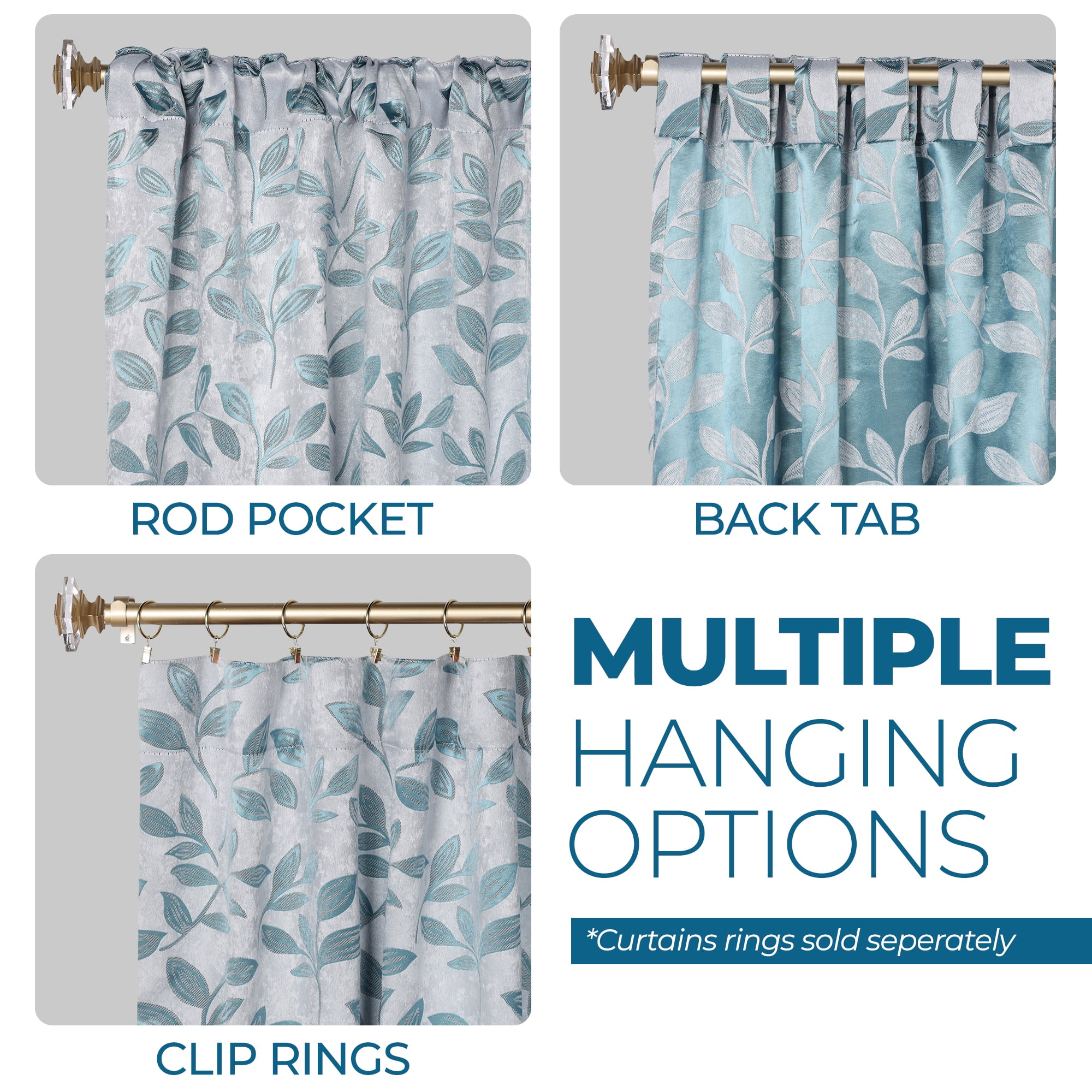 Superior Blackout Leaves Back Tab Curtains Set of 2, Light Filtering Curtain Panel Set, Teal, 52"W x 108"L
