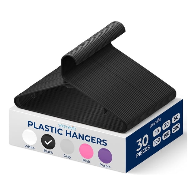 Ganchos de Plastico Premium SereneLife, Antideslizantes, Ahorradores de Espacio, Duraderos y Resistentes, para Camisas, Suéteres, Sudaderas, Abrigos, Pantalones y Vestidos, Negro, Pack 30