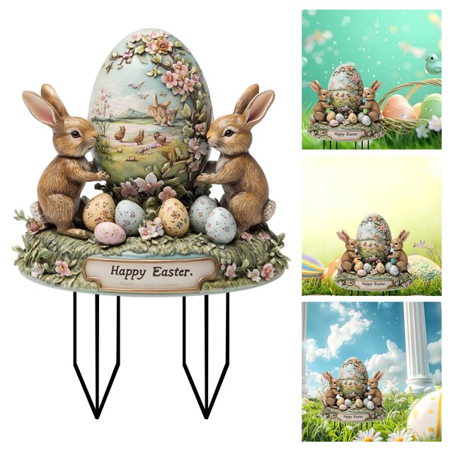 Huevos y conejitos de Pascua de colores insertados en el suelo. Tapón de tierra acrílico.