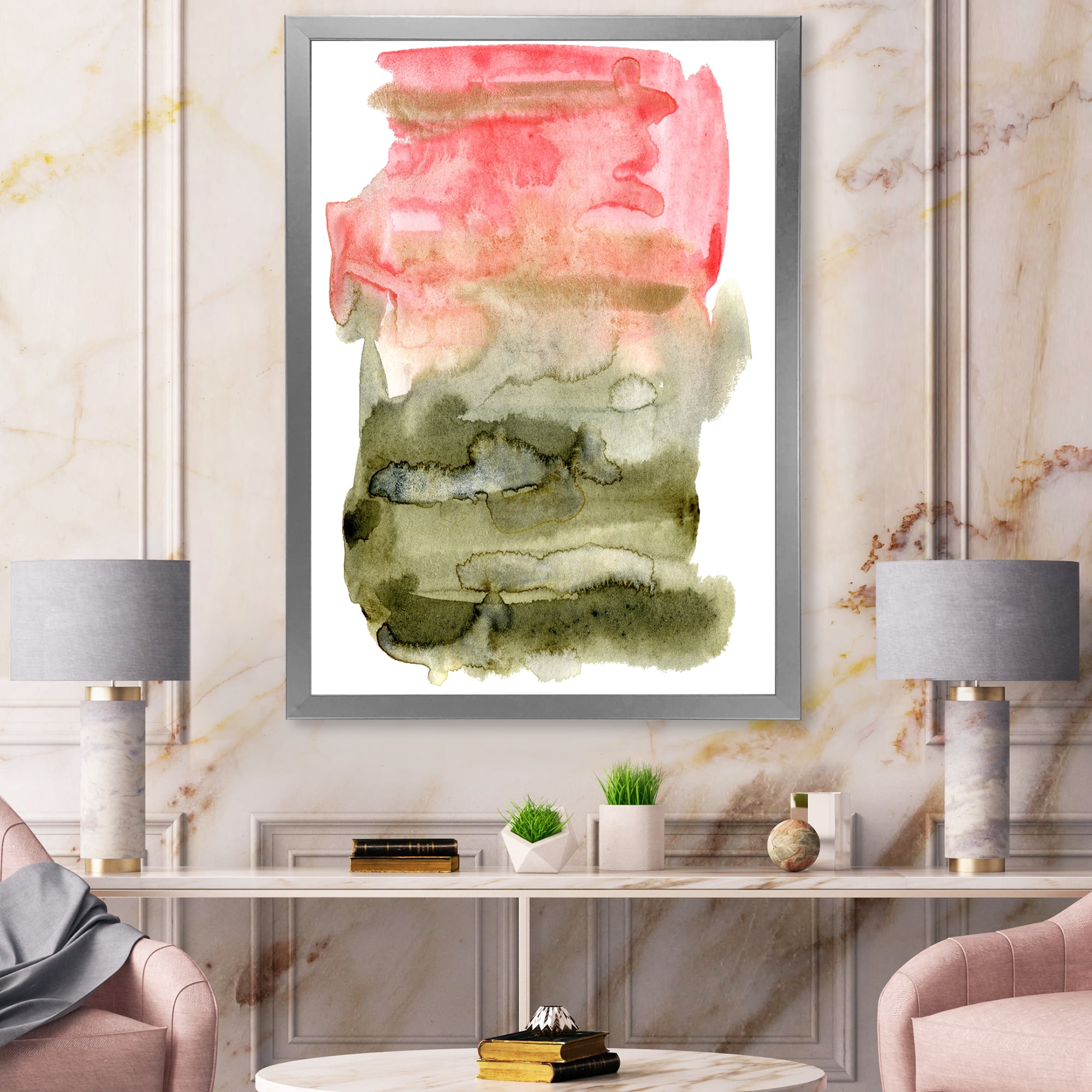 Designart 'Red Pink and Green Abstract Clouds' Modern Framed Art Print