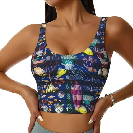 Jgfou Sea Inhabitans and Herb Print Womens Sports Bra - Padded Workout Sports Bras Crop Tank Top