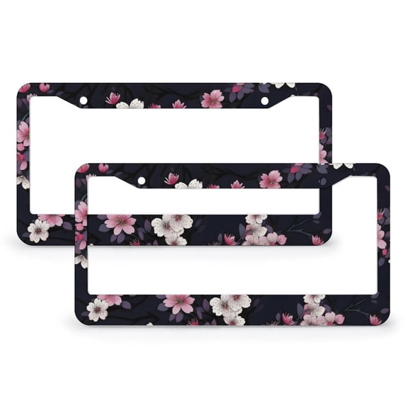 2 PCS Pink Cherry Blossoms License Plate Frame Flowers And Plants Watercolor Floral Seamless Car Accessories Metal 2 Round Holes Fits All Car