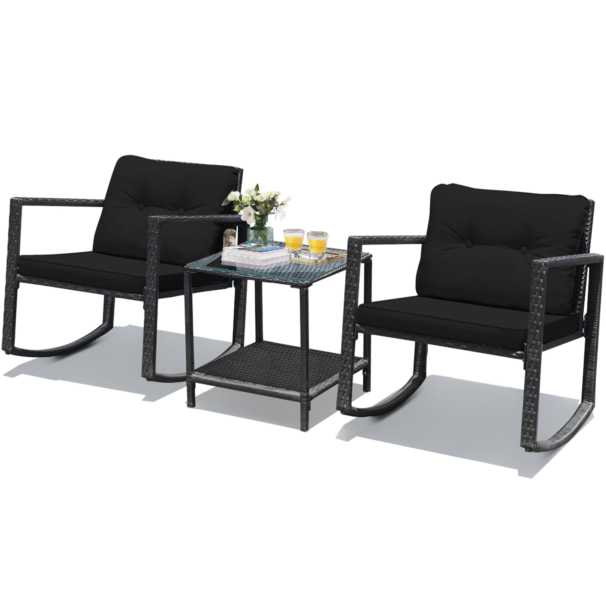 Gymax 3PCS Rattan Rocking Chair Table Set Patio Furniture Set w/ Black Cushions