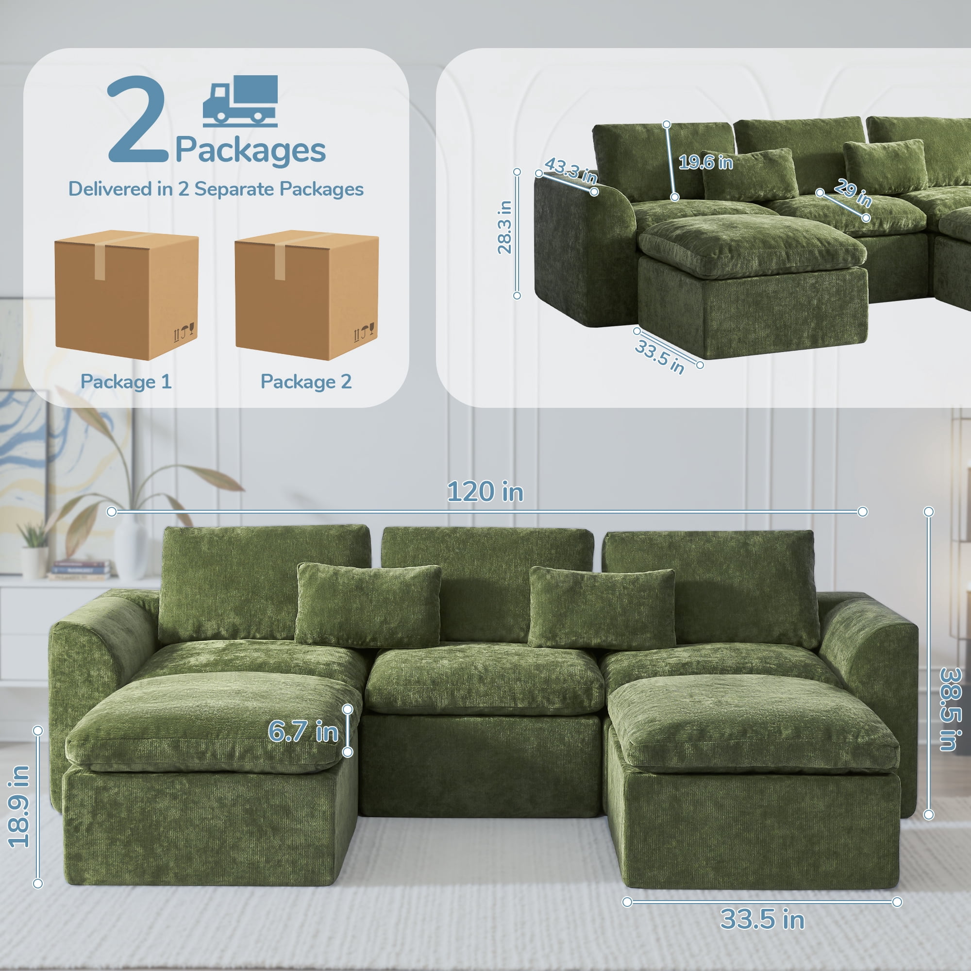 YINIX 120" Modular Sectional Sofa with Movable Ottomans, U-Shaped Couch for Living Room, No Assembly Required, Green