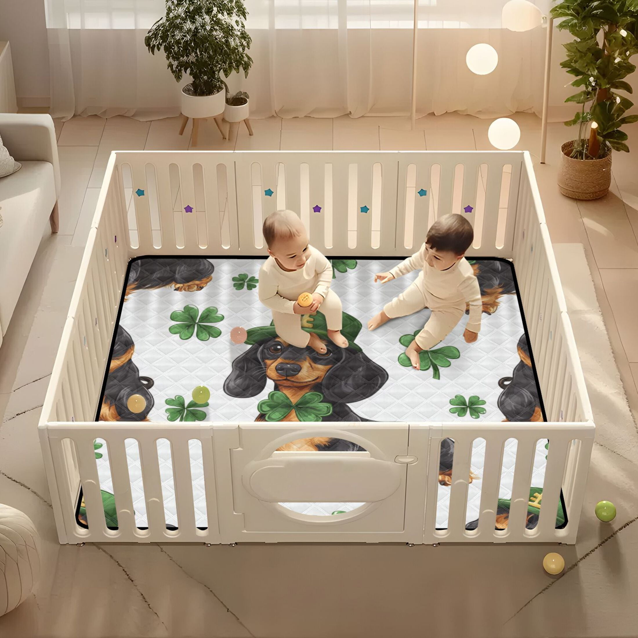 WOBOGO St Patricks Pattern Of Dachshund in A Shamrock Hat Baby Playmats Extra Large Waterproof Rollable Activity Pads for Toddlers 50×50inch