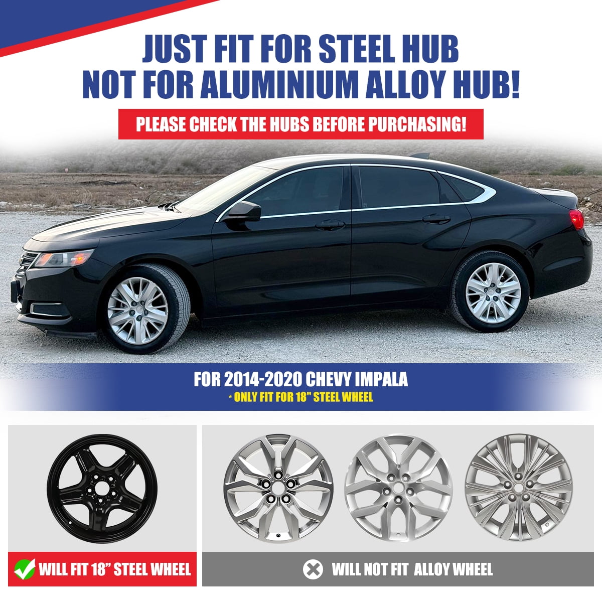 4PCS/Set 18" Steel Wheel Hubcaps for 2014-2020 Chevy Impala,Bolt-on Installation,Heavy Duty PP Material,Black Lacquer