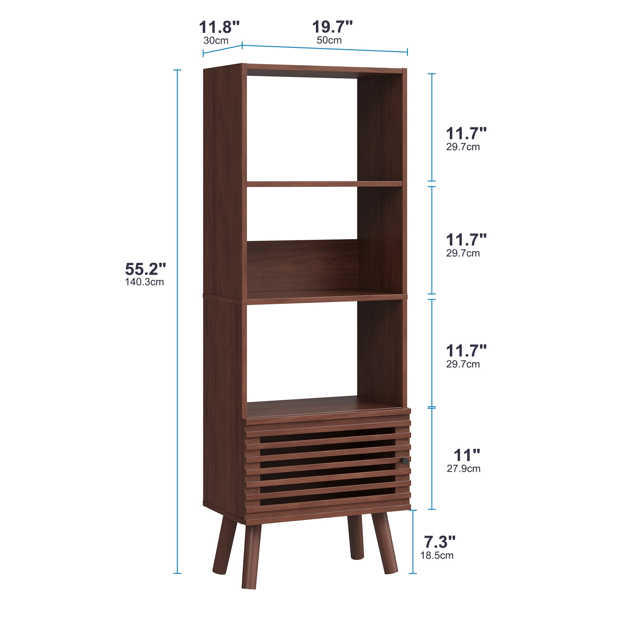 Mid-Century Modern Bookshelf with Slatted Door, 55" H Small Narrow Corner Bookcase, 4 Cube Bookcase with Open Shelf, Display Storage Cabinet for Living Room, Home Office, Walnut
