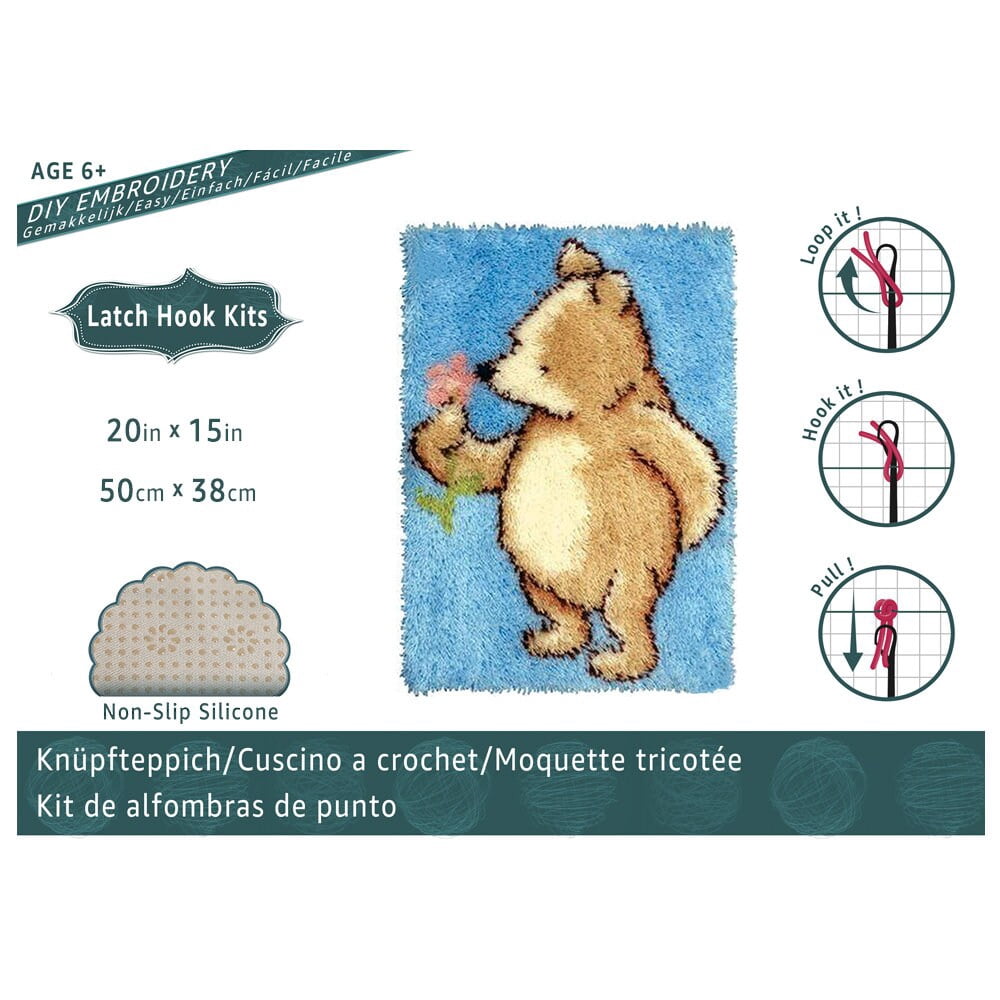 Latch Hook Rug Kits Embroidery DIY Bear Pattern Crochet Needlework Crafts for Adults and Kids Beginners 16"x24"
