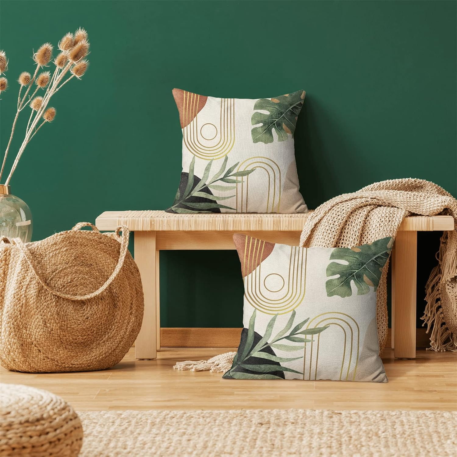 Boho Pillow Covers 16x16 Set of 2, Green Leaf Mid Century Farmhouse Decorations Throw Pillow Covers Modern Tropical Bohemian Outdoor Decorative Linen Cushion Case for Couch Sofa Home