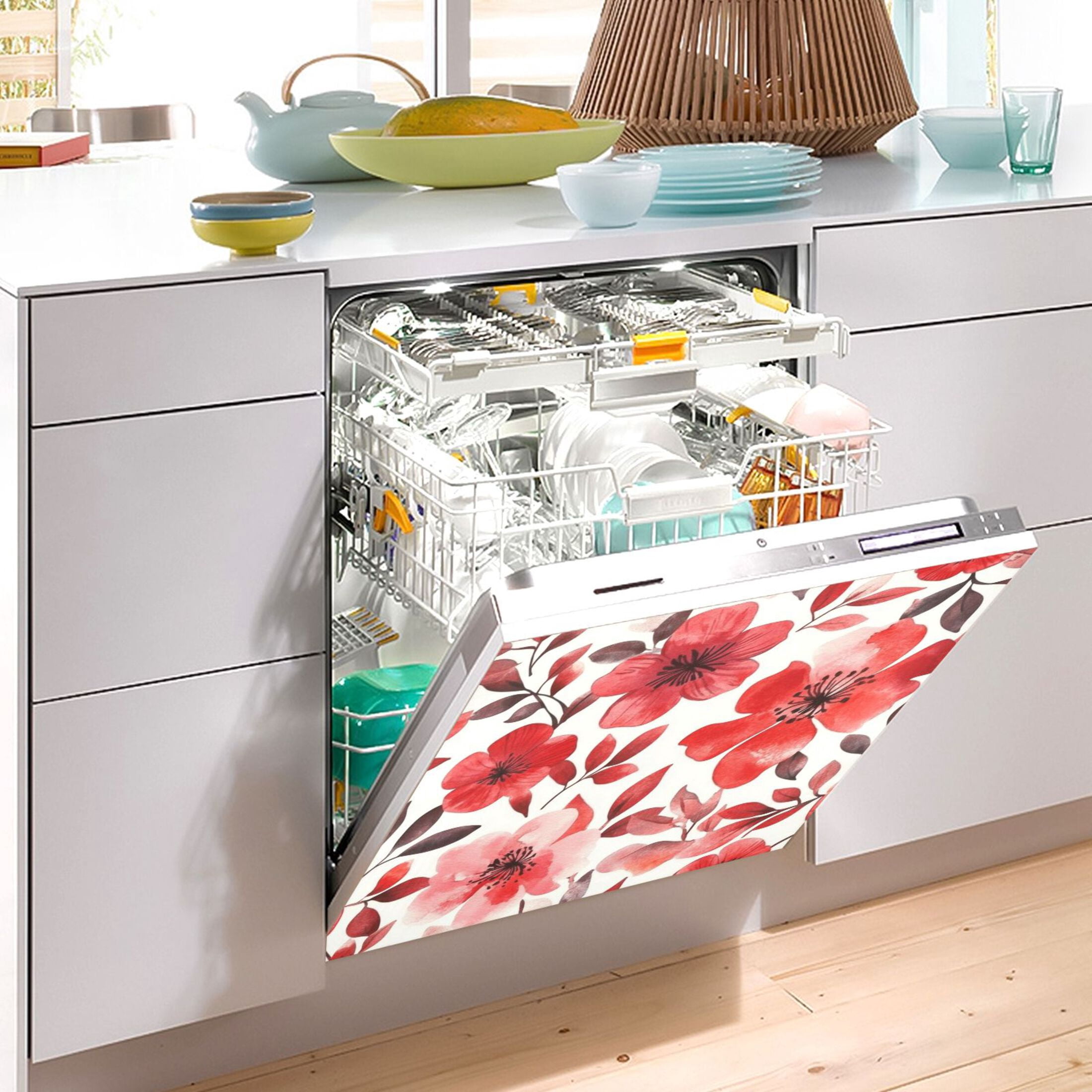 Dishwasher Magnetic Sticker 23x26 Inch Refrigerator Magnetic Sticker Washing Machine Magnetic Sticker Kitchen Panel Magnetic Sticker Home Decor Cartoon Red Flowers