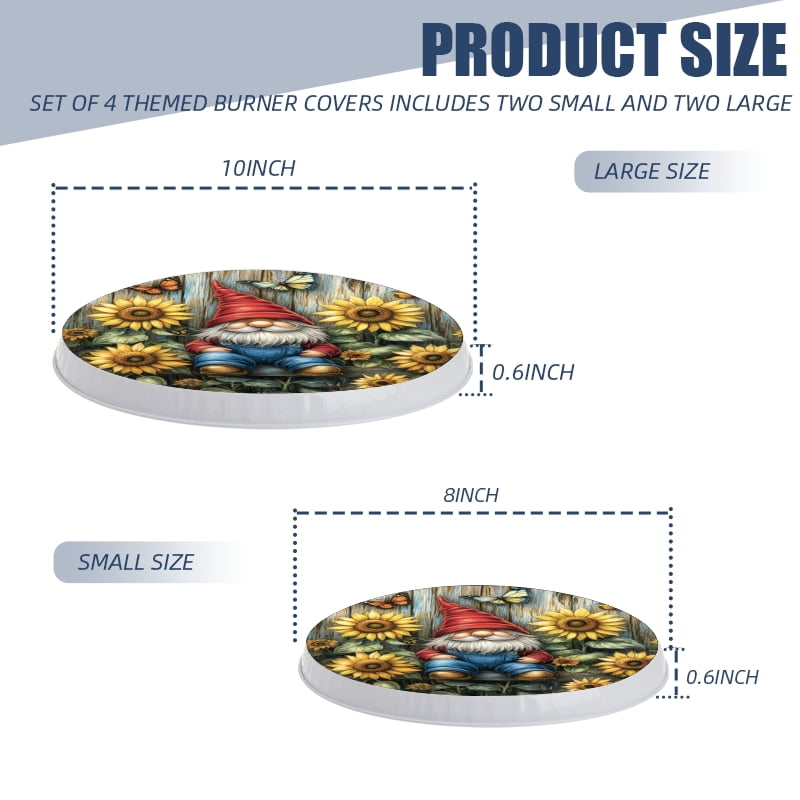 Christmas Round Stove Burner Covers Set of 4, Christmas Gnomes with Sunflowers Mental Durable Xmas Kitchen Decorative Gas Stove Burner Covers, 8 Inches and 10 Inches