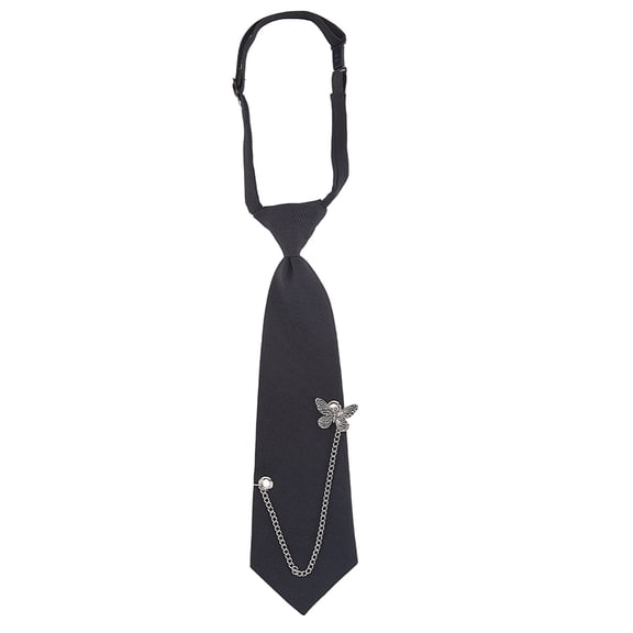 Black Tie Pre Tied Adjustable Polyester Punk Metal Chain Pretied Womens Necktie Butterfly Jewelry Grunge Goth Neck Ties Costume