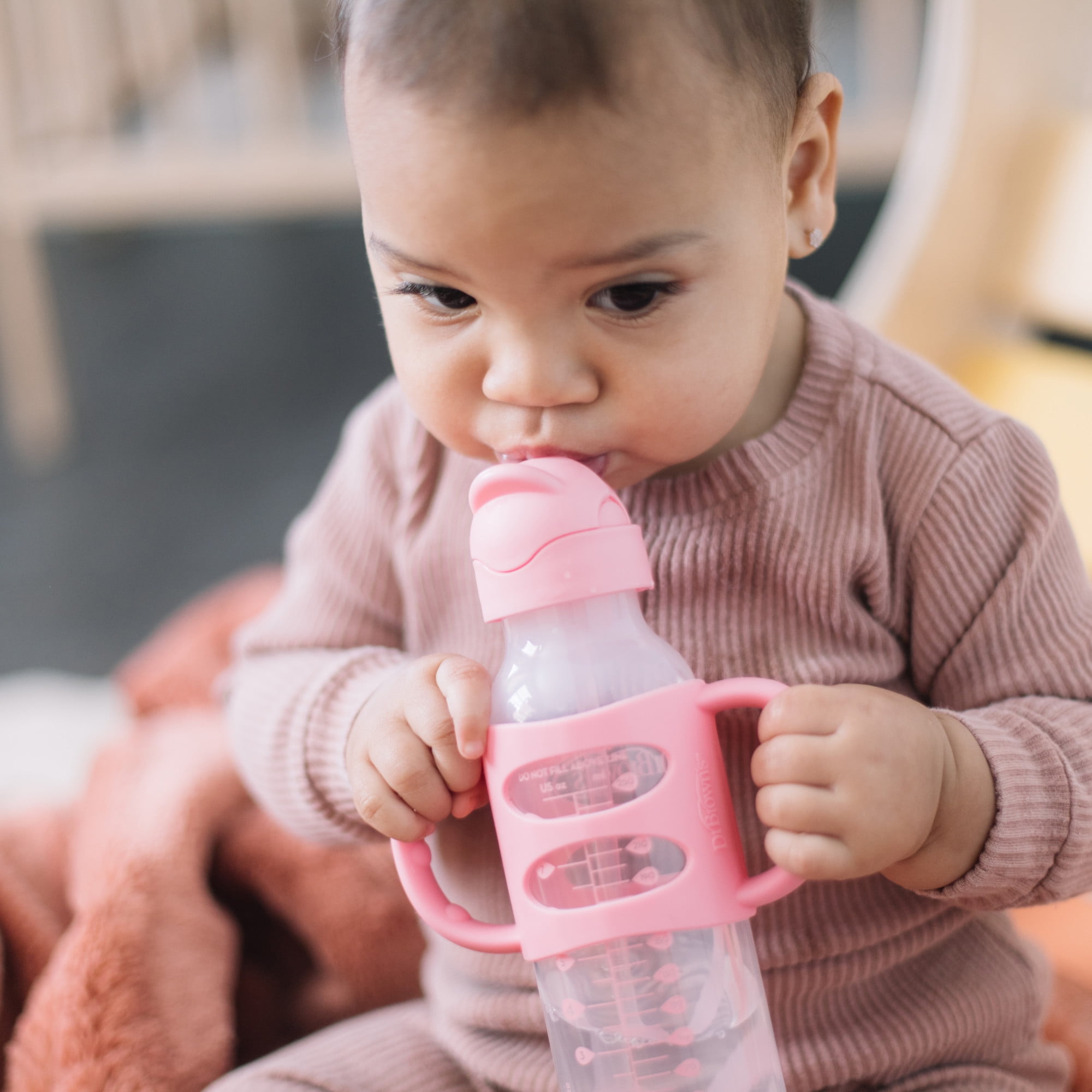 Dr. Brown's Milestones Narrow Sippy Straw Bottle, 100% Silicone Handles, 8oz, Pink/Gray, 2 Pack