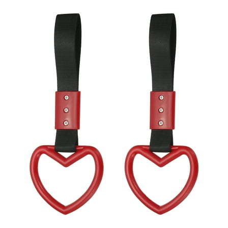 Uxcell 2 Pcs Heart Shaped Car Handle Straps, Car Hanging Accessories Bumper Warning Ring Drift Charm for Auto Bus Decor Interior Exterior Decoration, Red (Black Strap)