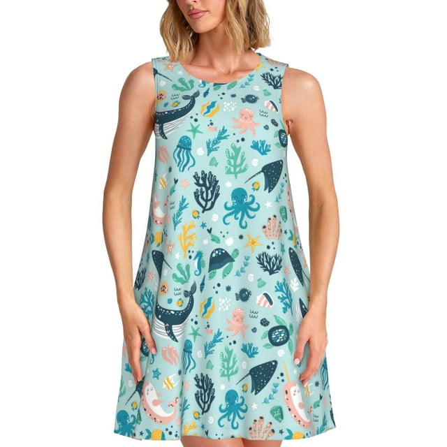 Fotbe Sea Animal Vestido de Verano sin Mangas para Mujer – Vestido Midi Línea A, Estilo Camiseta Floral, Vestido Playero Casual y Fluido