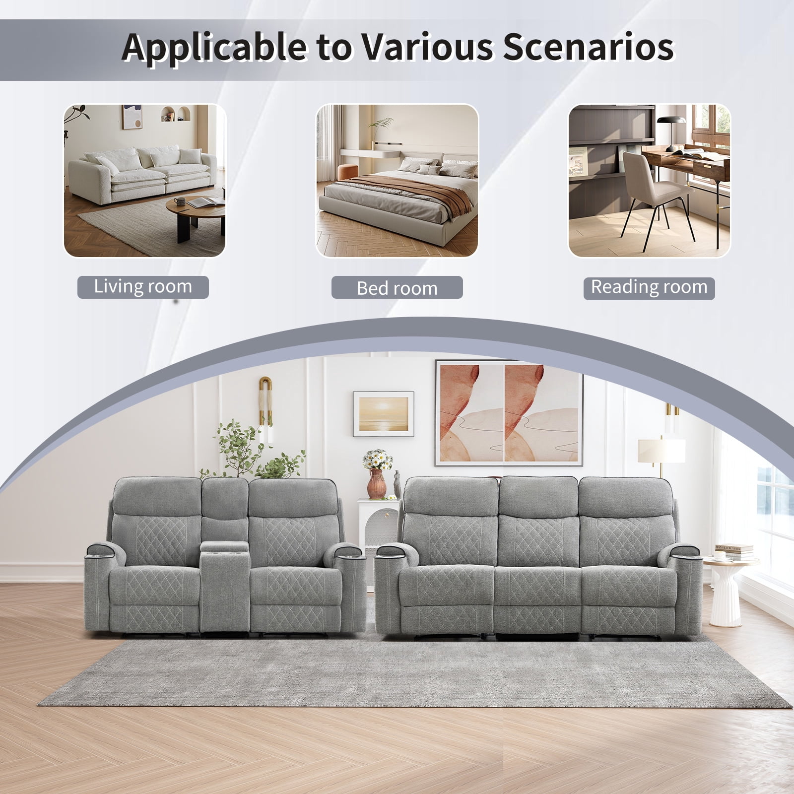 Bonzy Home Power Reclining Sofa Set — Fabric Electric Recliner Loveseat & 3 Seater Sofa Couch with Cup Holders, USB Type-C Charging Ports & Hidden Storage, 5 Seats, Light Grey