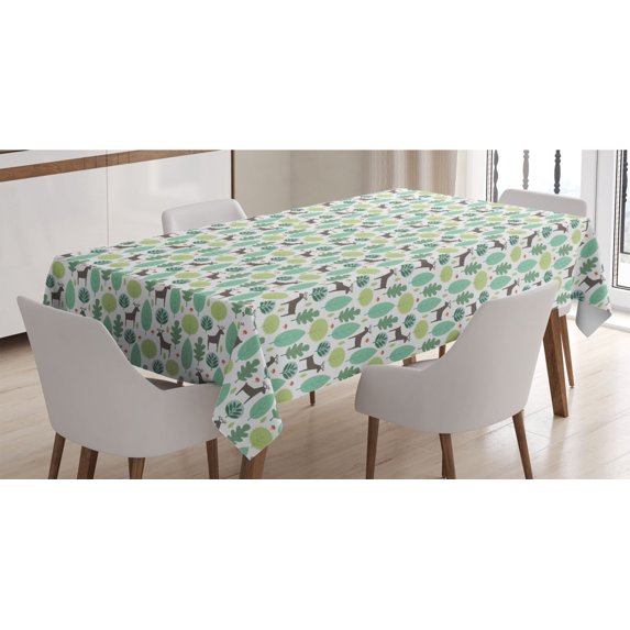 Deer Tablecloth, Doodle Style Forest with Green Tones Abstract Trees and Deer with Heart, Rectangle Satin Table Cover Accent for Dining Room and Kitchen, 60" X 90", Multicolor, by Ambesonne