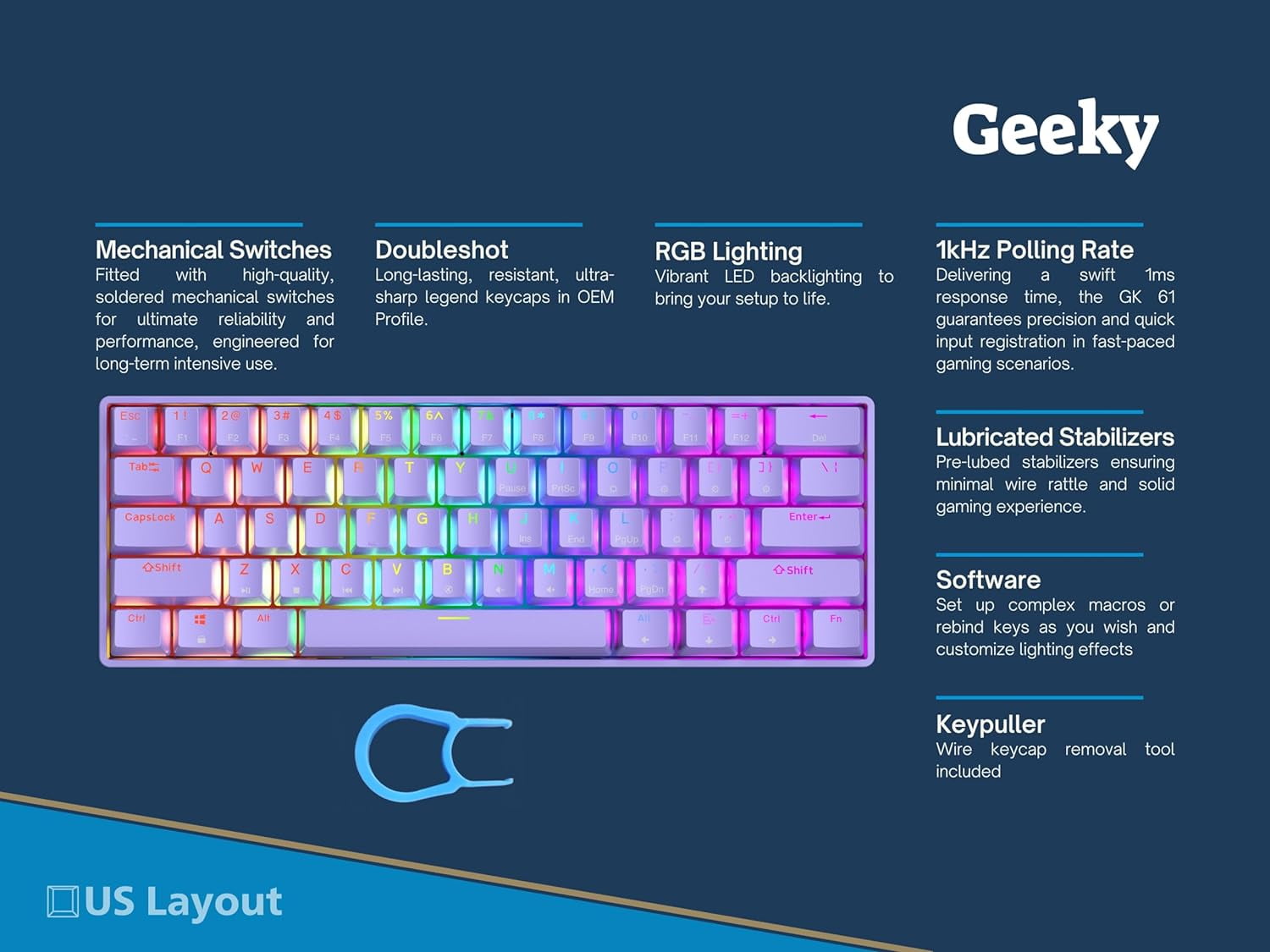 Geeky GK61 SE 60% | Mechanical Gaming Keyboard | 61 Keys Multi Color RGB LED Backlit for PC / Mac Gamer | ANSI US American Layout ( Lavender , Mechanical Red )