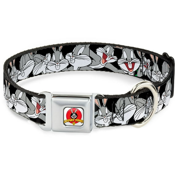 Looney Tunes Pet Collar, Dog Collar Metal Seatbelt Buckle, Bugs Bunny Close Up Poses Black, 13 to 17 Inches 1.5 Inch Wide