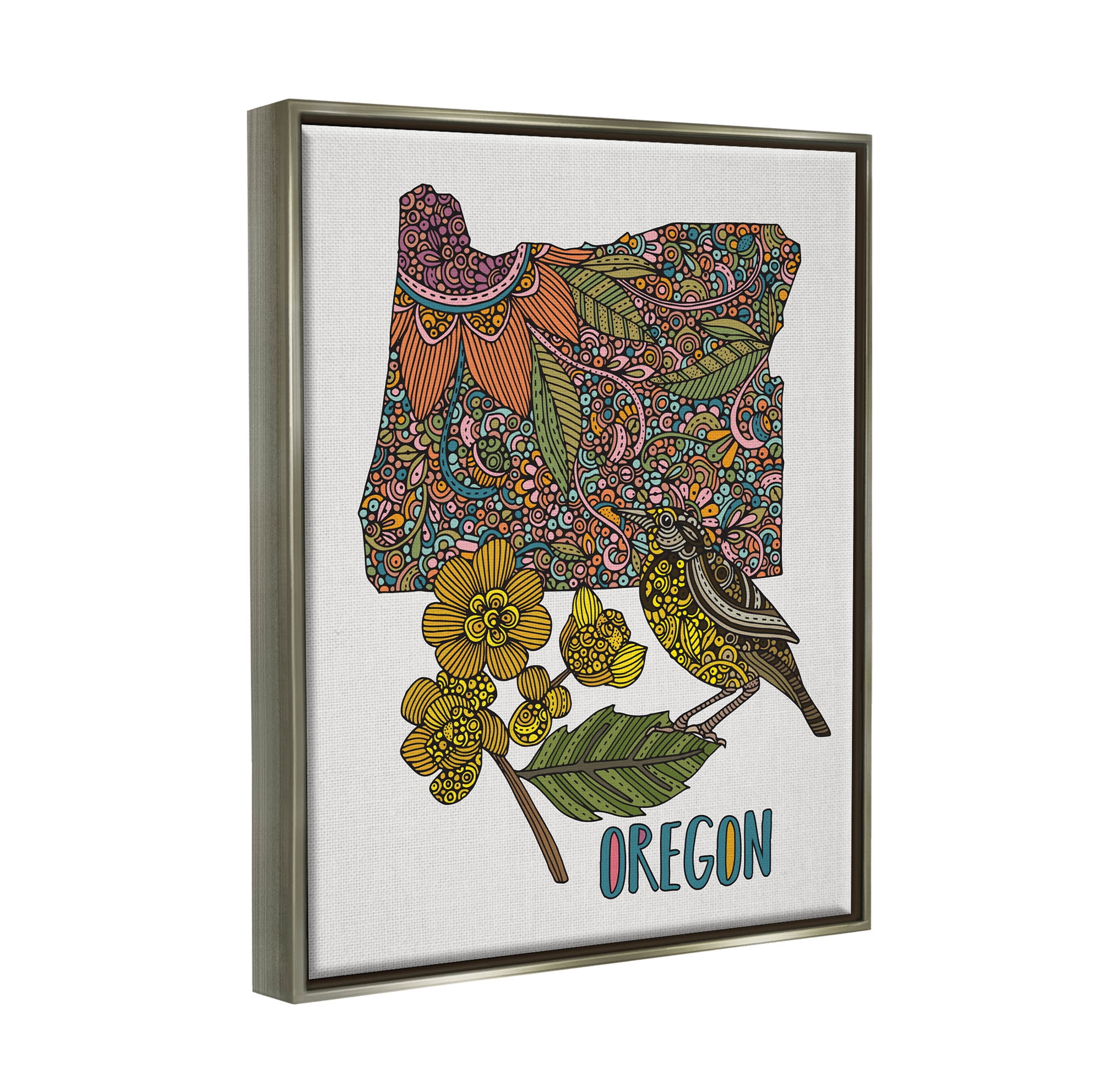 Stupell Industries Oregon State Flower Bird Graphic Art Luster Gray Floating Framed Canvas Print Wall Art, Design by Valentina Harper