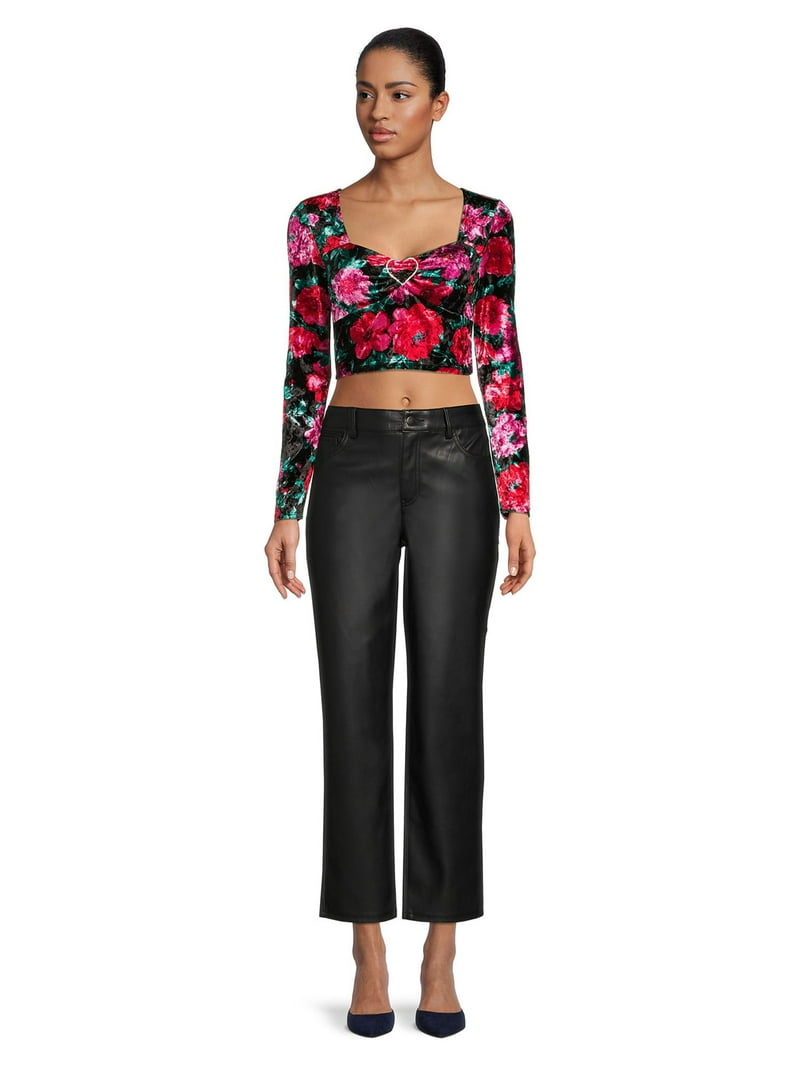 Madden NYC Velour Top Rhinestone Heart Detail Cropped Length