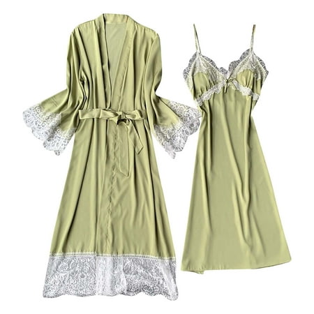 

Women s Satin Robe Set 2 Piece Sexy Pajamas Sets Lace Cami Slip Dress Nightgown and Silk Robes Nightwear Lounge Wear