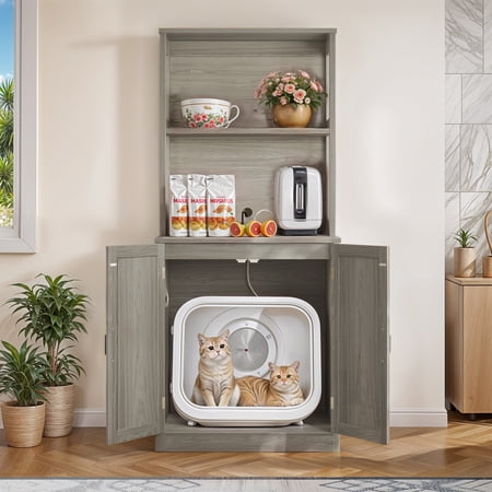 ModFusion Multifunctional Grey Cat Litter Box Cabinet with Integrated Charging Station