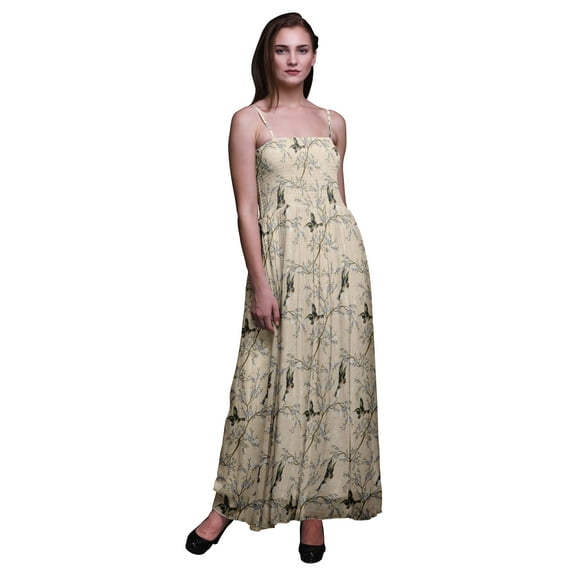 Bimba Flower & American Goldfinch Bird Bimba Printed Women Flowy Smocked Spaghetti Strap Dress-Medium