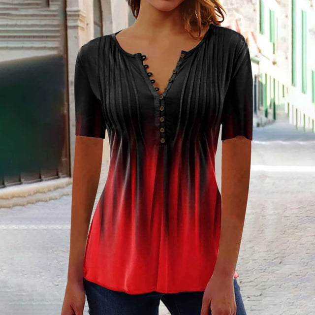 ICHUANYI Clearance Women Fashion Casual Print Round Neck Loose Short Sleeve T-shirt Top Blouse Pullover(Red, S) ICHUANYI WER2023080817624