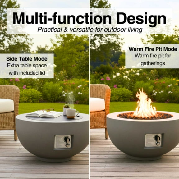 28-Inch Light Grey Round Propane Fire Pit Table - 40000 BTU Light Concrete Bowl with Lava Rocks Rain Cover & Burner Lid for Patio Garden Deck