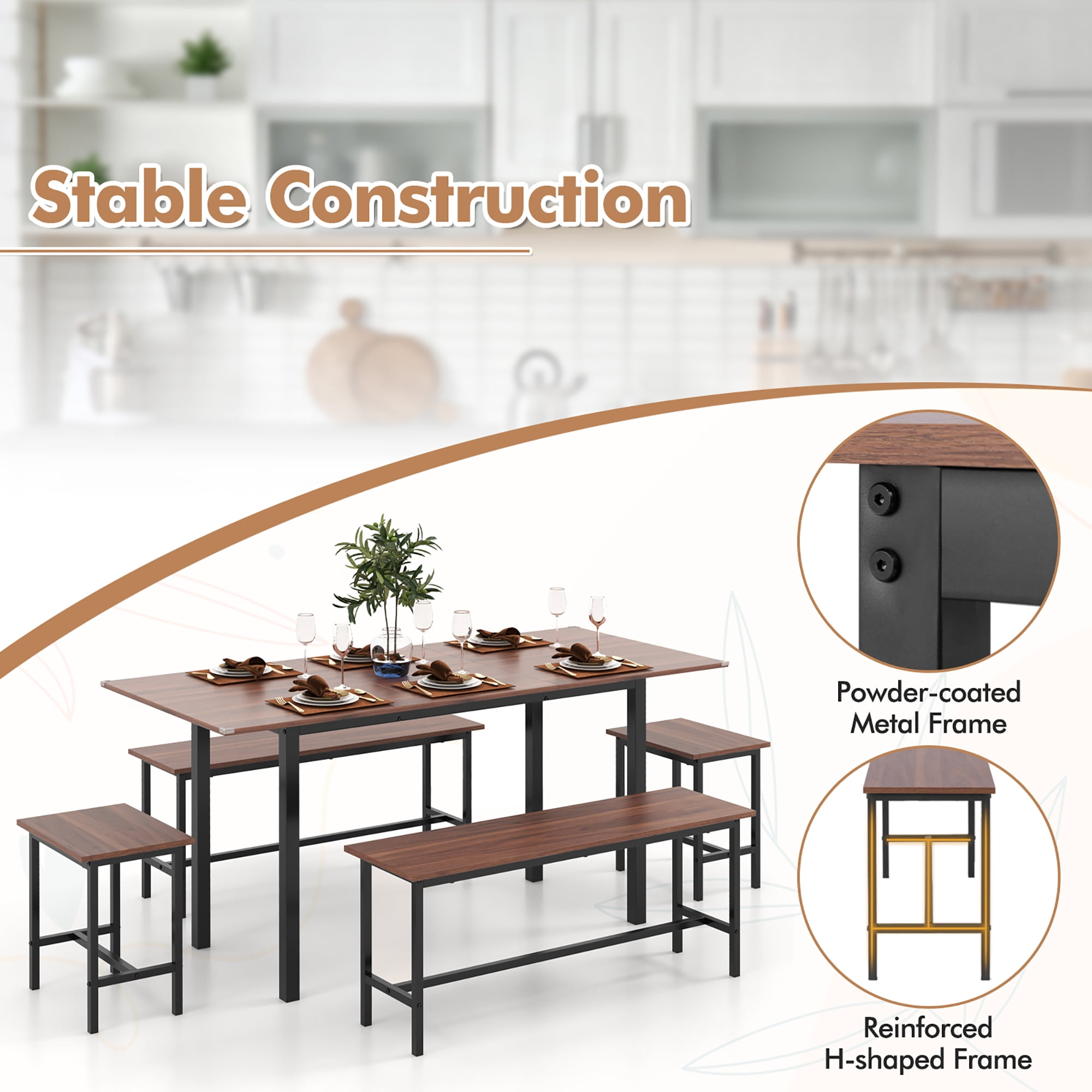 Gymax 5 PCS Dining Table Set for 4-6 w/ 2 Benches & 2 Stools Metal Frame Dining Room Walnut