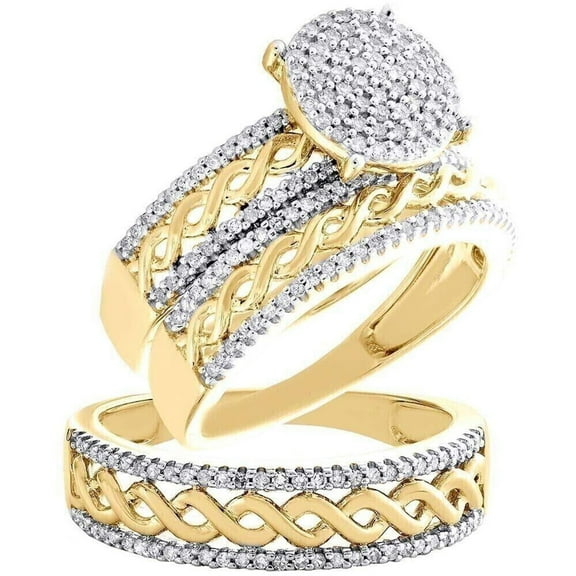 Bluebelljewels His & Her 14K Yellow Gold Finish Round Cut Cubic Zirconia Wedding Wear Trio Ring Set