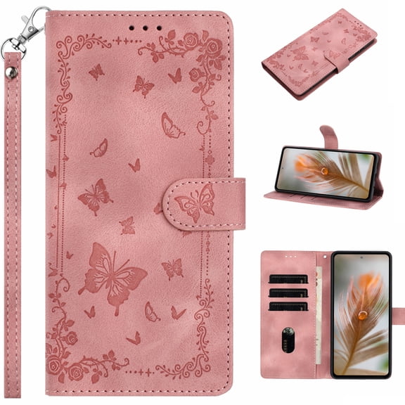 for Motorola Moto G 5G 2025 Wallet Case with Card Slots Cash Pocket, 2 in 1 PU Kickstand Faux Leather Magnetic Flip Phone Case, Sturdy & Shockproof Phone Case with Wrist Strap - Pink