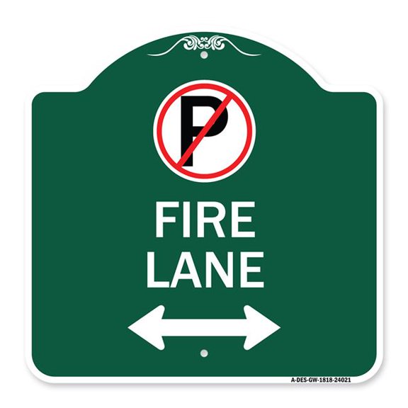 SignMission A-DES-GW-1818-24021 18 x 18 in. Designer Series Sign - Fire Lane with No Parking Symbol & Arrow Pointing Left & Right, Green & White